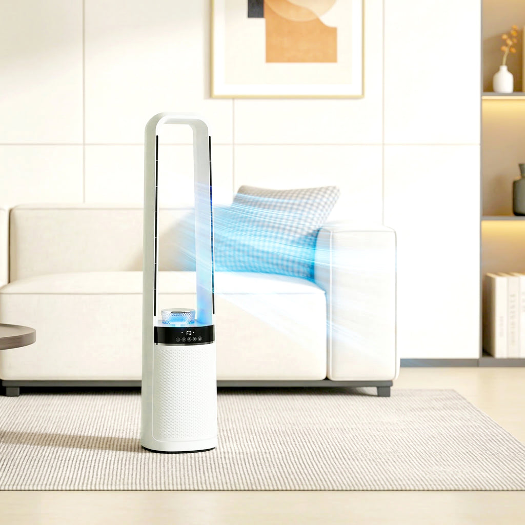 Turmventilator ohne Rotorblätter, mit 45° Oszillation, LED-Licht, 3 Geschwindigkeiten, 12-Std.-Timer, Fernbedienung