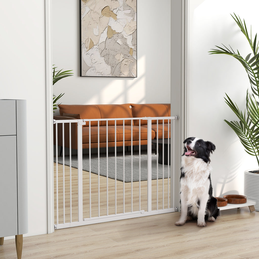  Dog Gate Pet Safety Gate Stair Barrier Pressure Mount Adjustable 76-82/86-97/101-107 cm, White