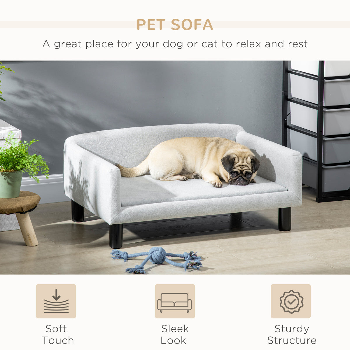 PawHut Hundesofa Hundebett Hundecouch aus Samt mit Rückenlehne, Holzbeine, Katzensofa für mittle Hunde 82 x 54 x 36 cm Hellgrau