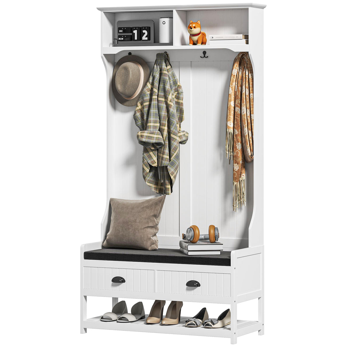 Garderobenständer mit Haken, Garderobe mit Schuhbank, für Eingangsbereich, Flur, Metall, MDF, Weiß+Grau