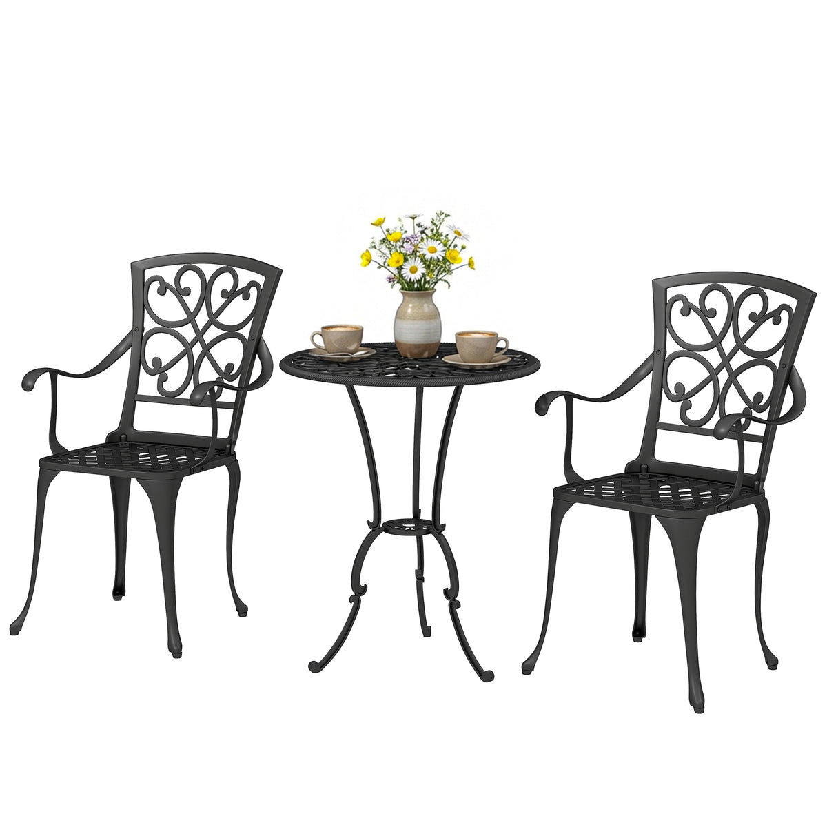 3-teiliges Garten Bistro Set runder Bistrotisch mit 2 Stühlen Sonnenschirmloch, Antik aus Aluminiumguss