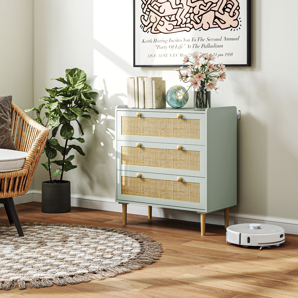 Schlafzimmer-Kommode mit 3 Schubladen, Rattan-Fronten, Kleiderkommode f¨¹r Flur, Eingangsbereich, MDF, Gr¨¹n