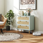 Schlafzimmer-Kommode mit 3 Schubladen, Rattan-Fronten, Kleiderkommode f¨¹r Flur, Eingangsbereich, MDF, Gr¨¹n