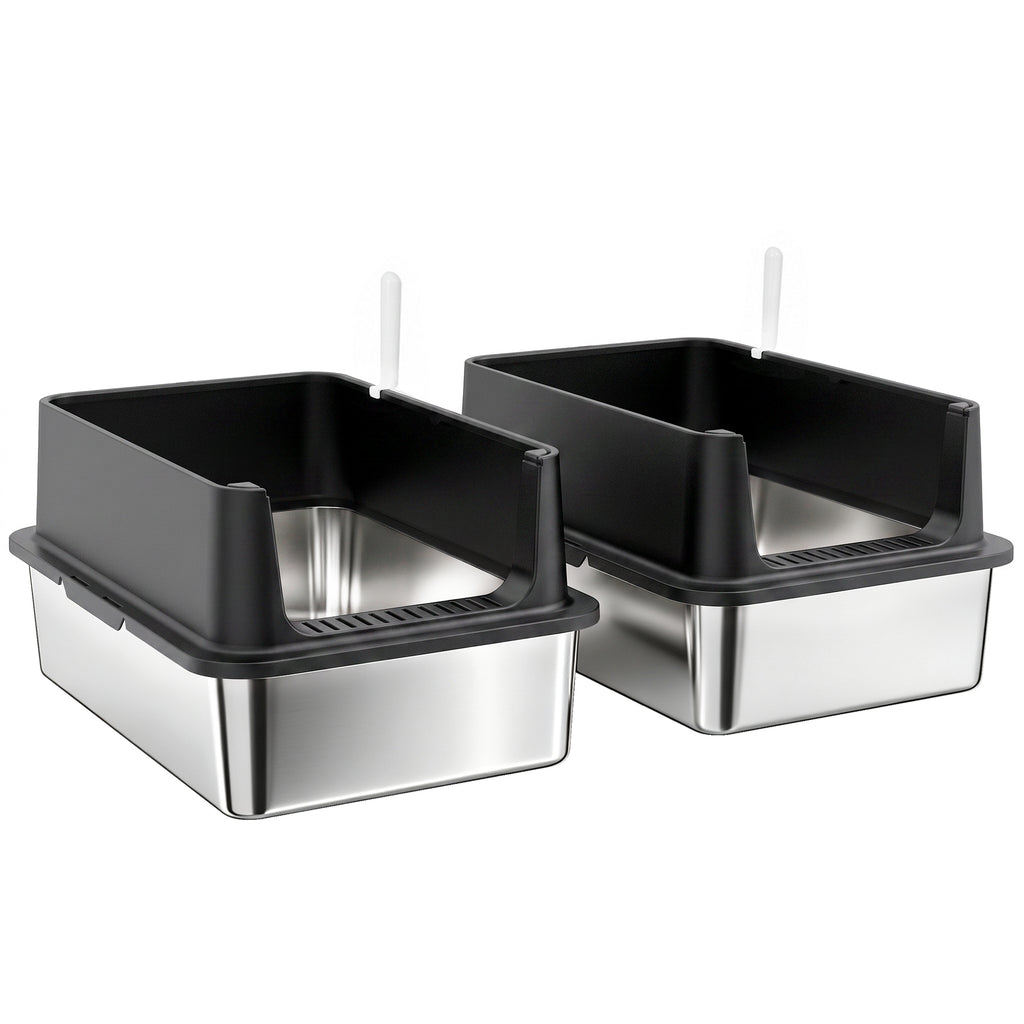 2er-Set Katzenklo Edelstahl XL mit Hohem Rand Deckel 60x40x30cm