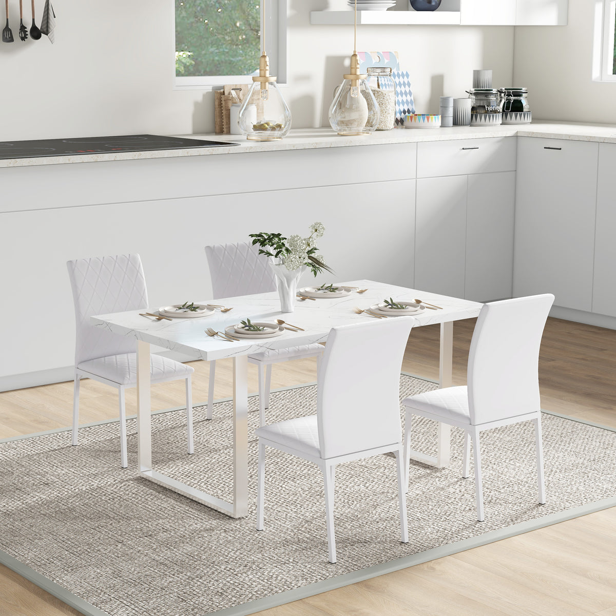 Esszimmerstühle im 4er-Set, Küchenstuhl mit Rückenlehne, Kunstleder, Wohnzimmerstuhl mit Fußpolster, Stühle, Polsterstuhl mit Metallbeinen für Esstisch, Weiß