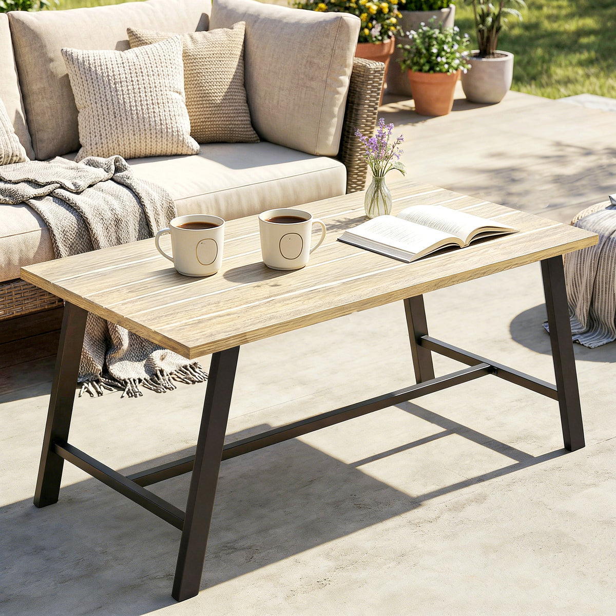 Outdoor-Couchtisch, rechteckiger Metall-Beistelltisch mit Tischplatte in Holzoptik, 100 x 55 cm, Braun