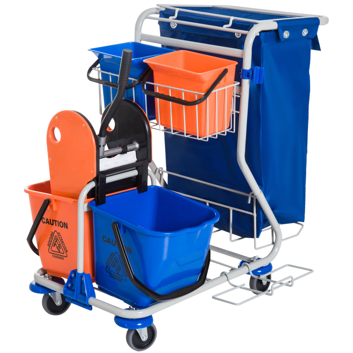 Putzwagen Reinigungswagen mit 2 x 18L & 2 x 6L Eimern Wischwagen Haushaltswagen mit Mopp-Presse, Aufbewahrungskorb, Blau Orange 93 x 80 x 97 cm