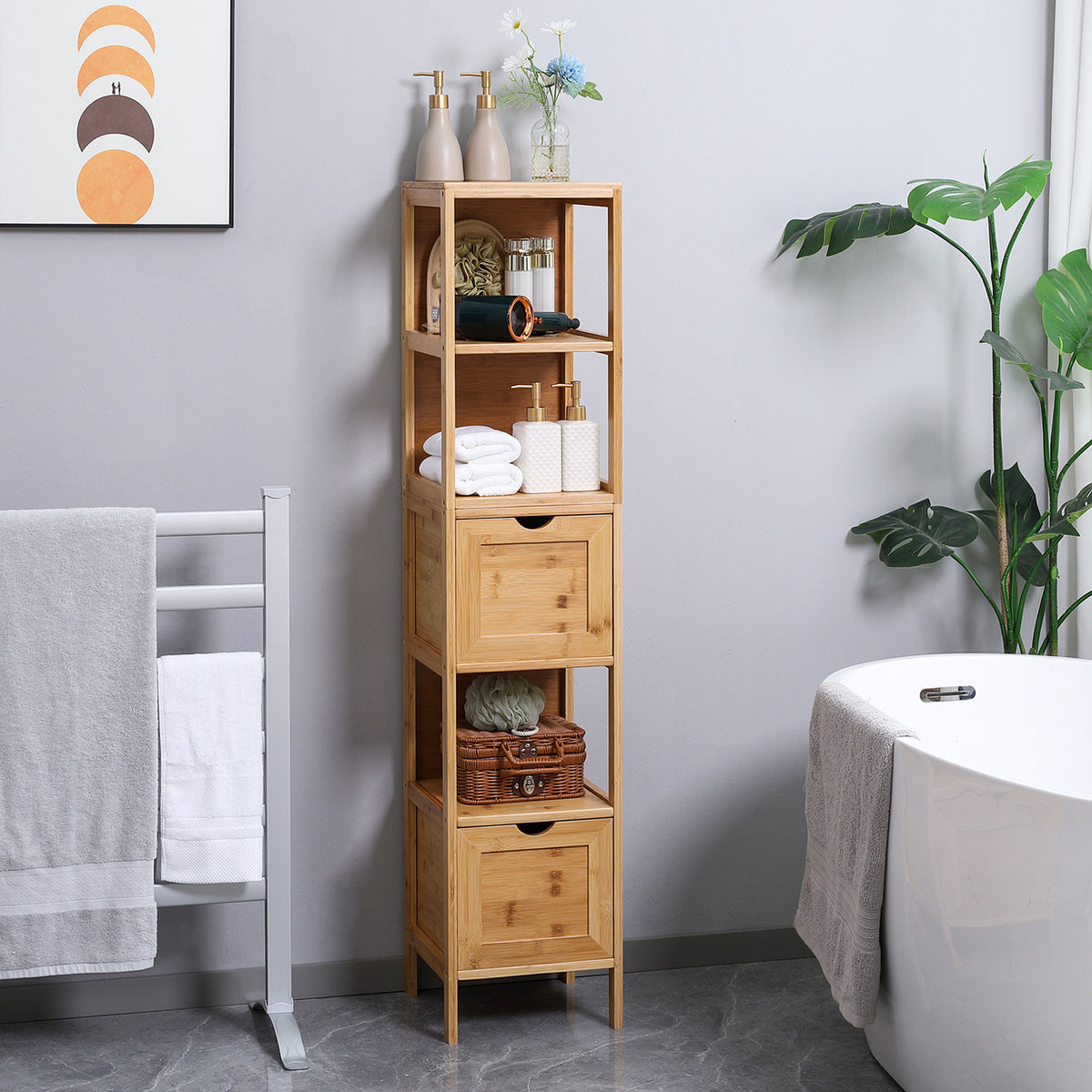 Badezimmerschrank, 3 Regale, 2 Schubladen, Bambus, 30?cm x 30 cm x 140 cm, Natur