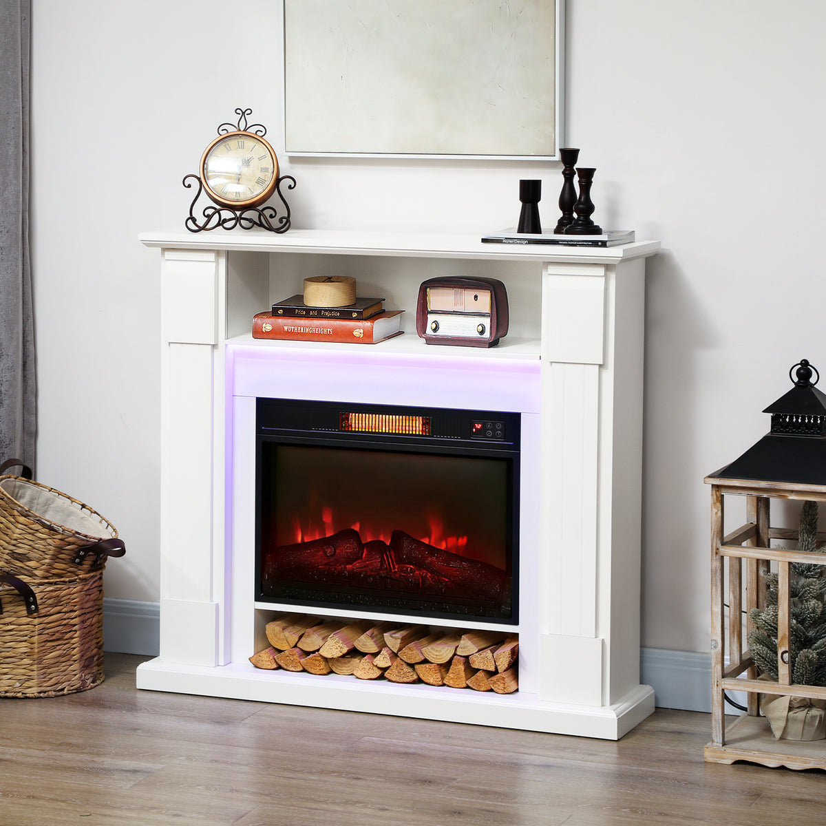 Elektrischer Kamin mit LED-Lichtern, realistischer Flammen-Effekt, 1800W, Kaminsims, 2 Fernbedienungen, Glas, Weiß
