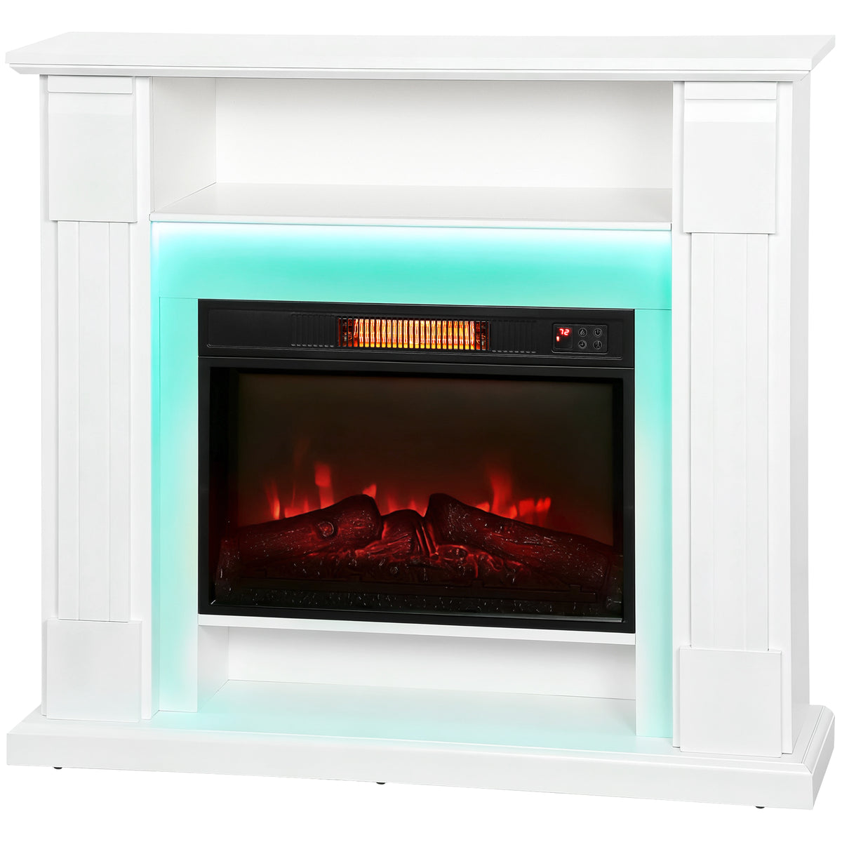 Elektrischer Kamin mit LED-Lichtern, realistischer Flammen-Effekt, 1800W, Kaminsims, 2 Fernbedienungen, Glas, Weiß