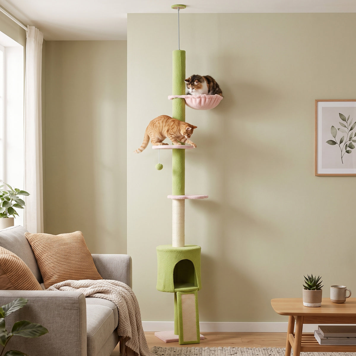 220-240 cm Floor to Ceiling Cat Tree Adjustable Height with Hammock, Condo, Scratching Posts, Green