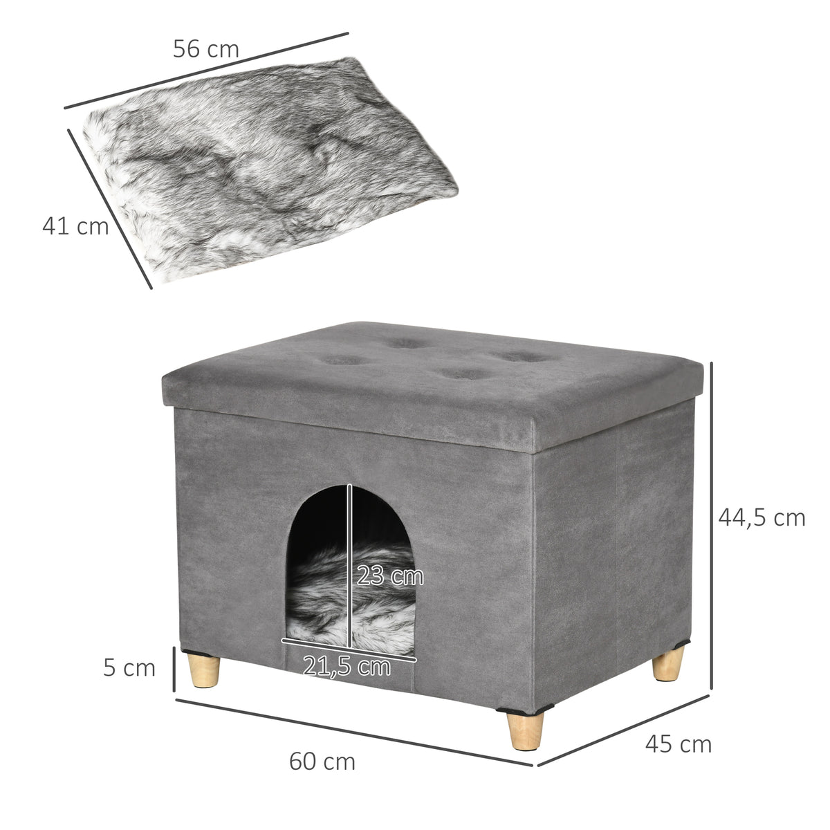 Katzenhöhle Katzenbett 2-IN-1 Katzenhaus Fußhocker mit Kissen Holzbeine Katzenzelt Haustierhaus Grau 60 x 45 x 44,5 cm