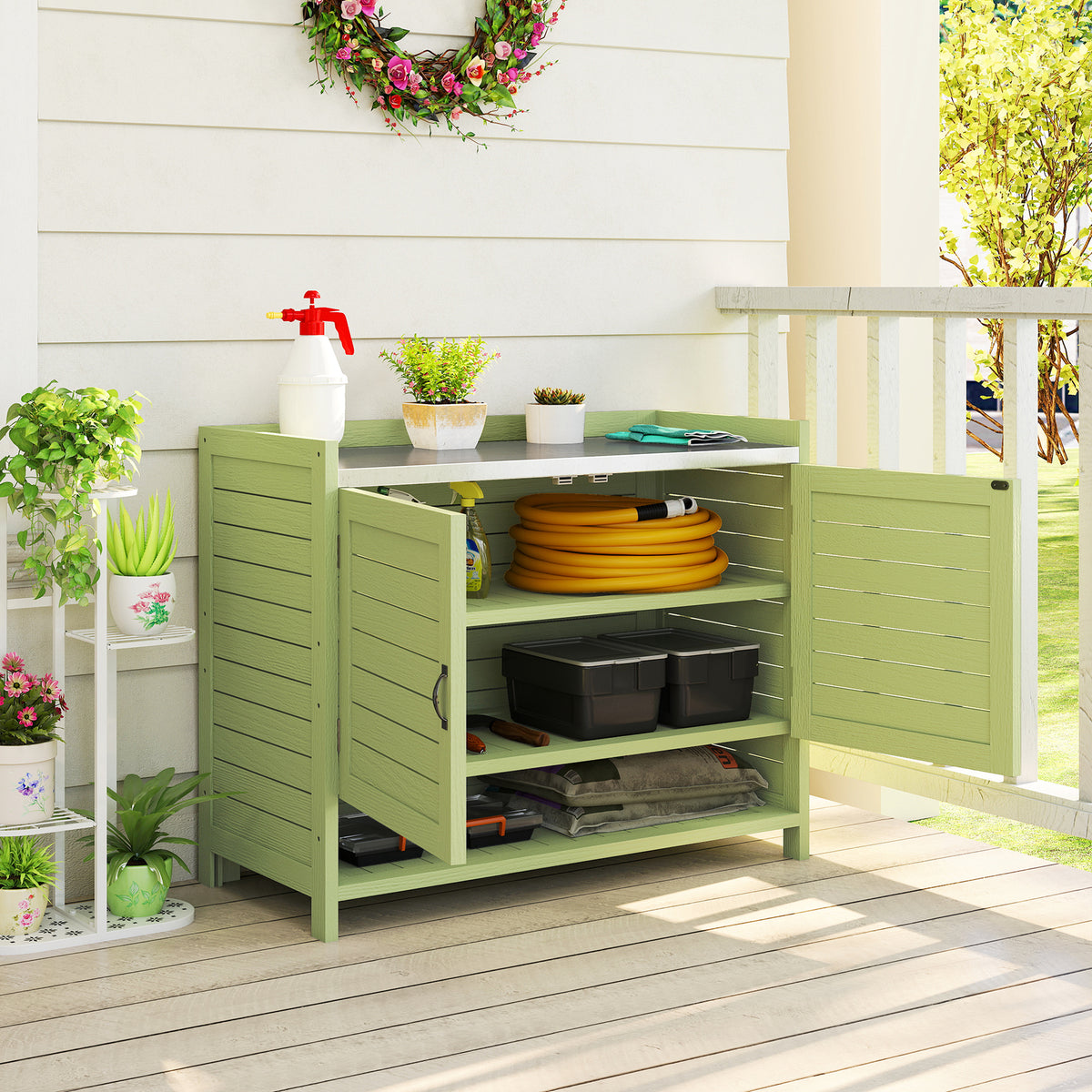 Pflanztisch mit Unterschrank aus Holz Outdoor Gartenschrank mit verzinkter Arbeitsplatte 3 Regalböden 88x40x70,5cm Grün