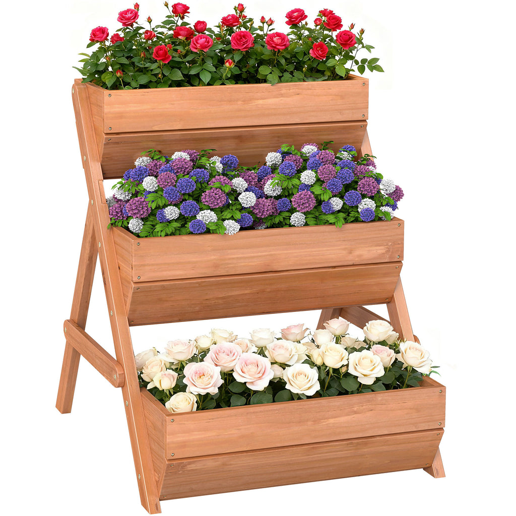 3 Tier Raised Garden Bed Wooden Elevated Planter Box Kit, 66L for Flower, Vegetable, Herb, 65x75x78cm, Brown