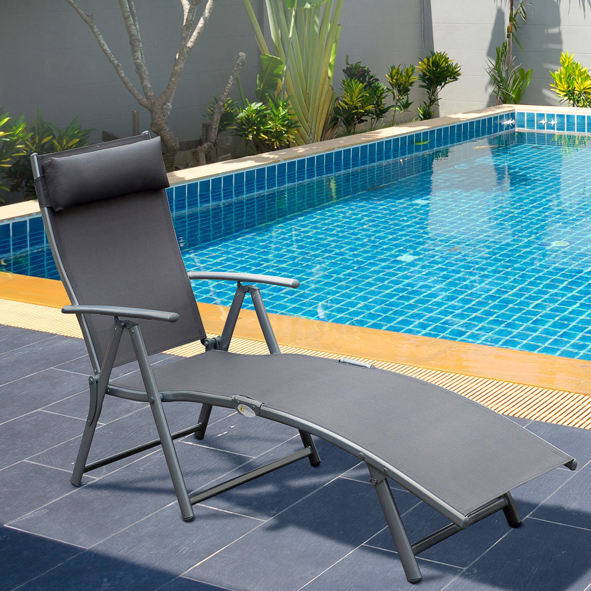 Sonnenliege klappbar Strandliege mit Kissen Liegestuhl mit 7-Fach verstellbare Rückenlehne Gartenliege Relaxliege Gartenstuhl bis 165 kg belastbar, für Garten Urlaub Outdoor Strand Pool, Grau
