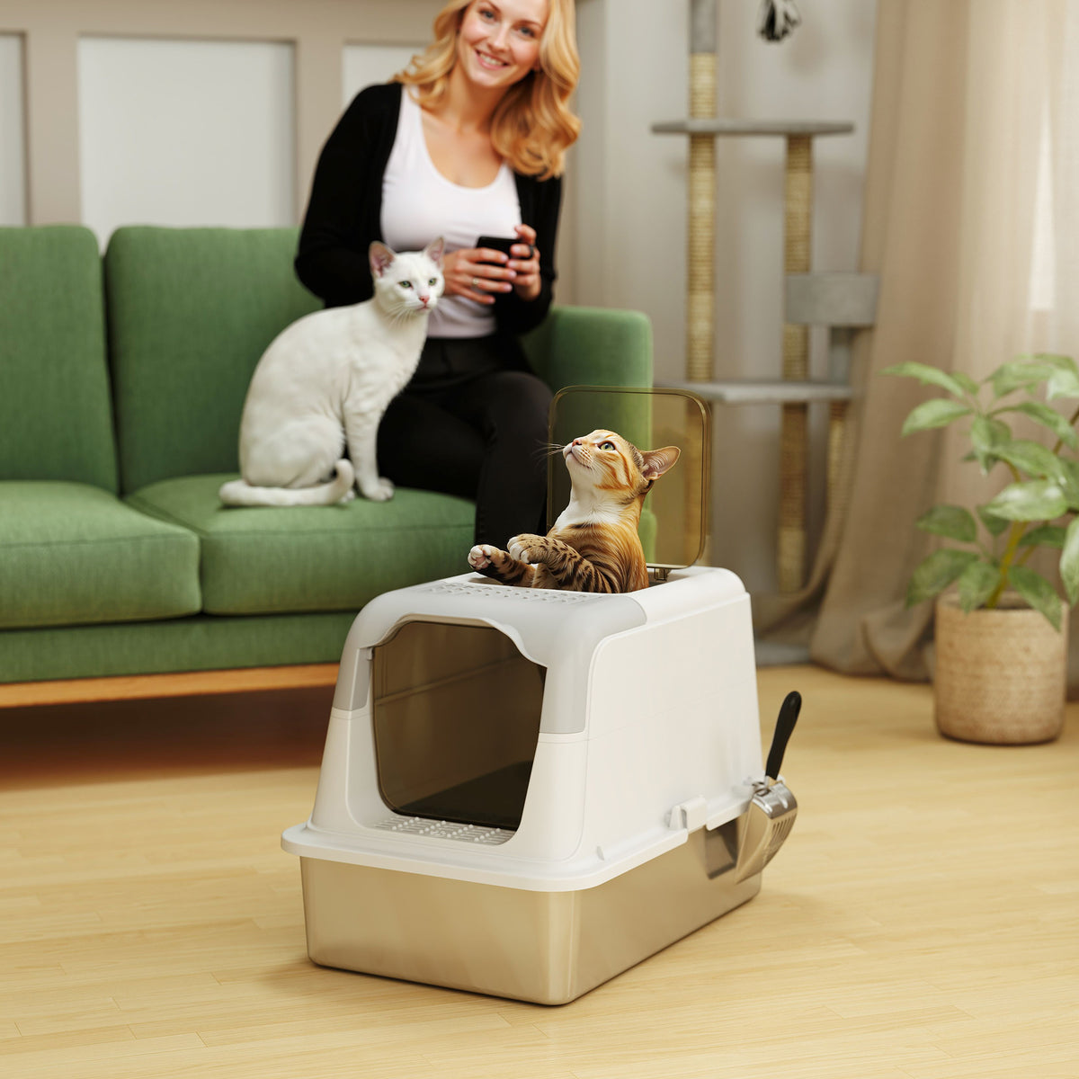 Extra Large Stainless Steel Litter Box, Enclosed Cat Litter Tray with Scoop, Deodorizer Bag, Front-Entry and Top-Exit