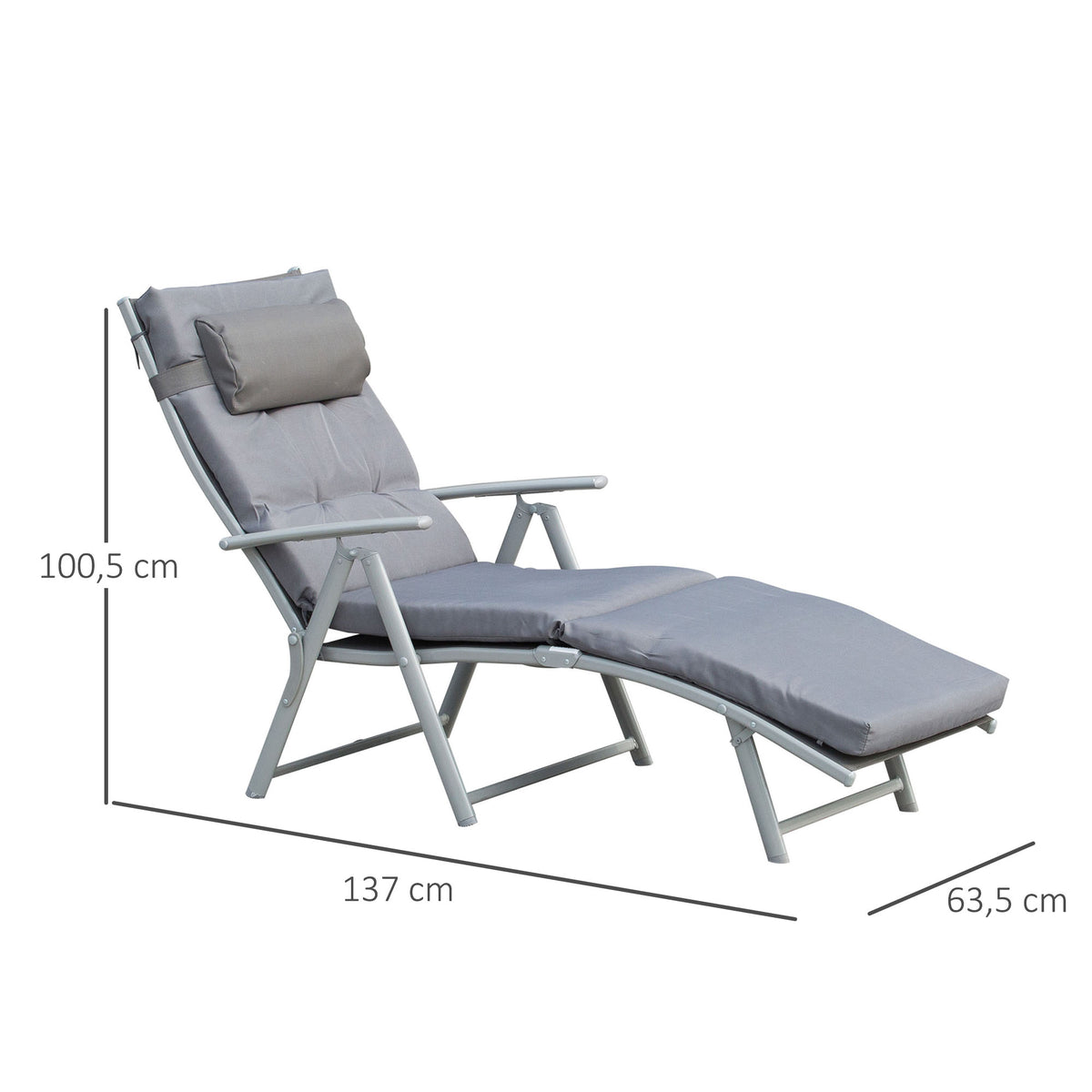 Patio Sun Lounger Garden Textilene Foldable Reclining Chair Adjustable Recliner with Cushion Pillow - Grey