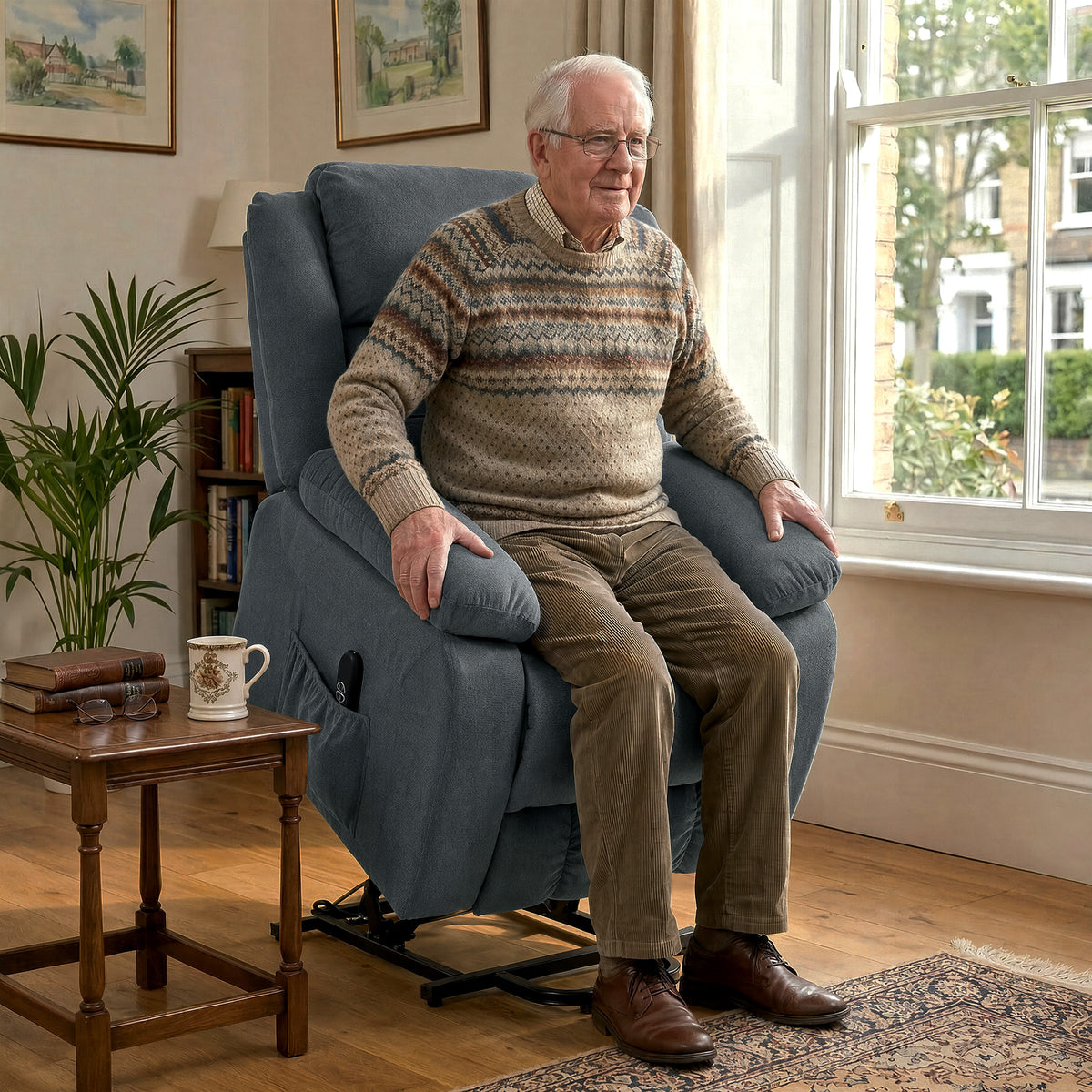 Aufstehsessel mit weichem Bezug, Recliner-Sessel mit Fernbedienung und Seitentaschen, Grau