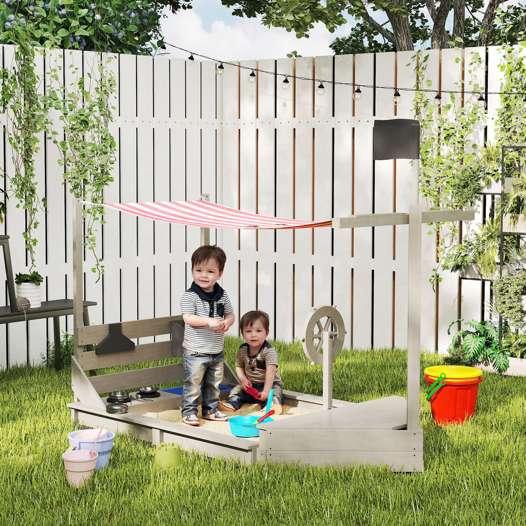 Sandkasten mit Sonnendach Piratenschiff, inkl. Kinderküchenspielset, Massivholz, 180 x 103 x 144,5 cm, Grau