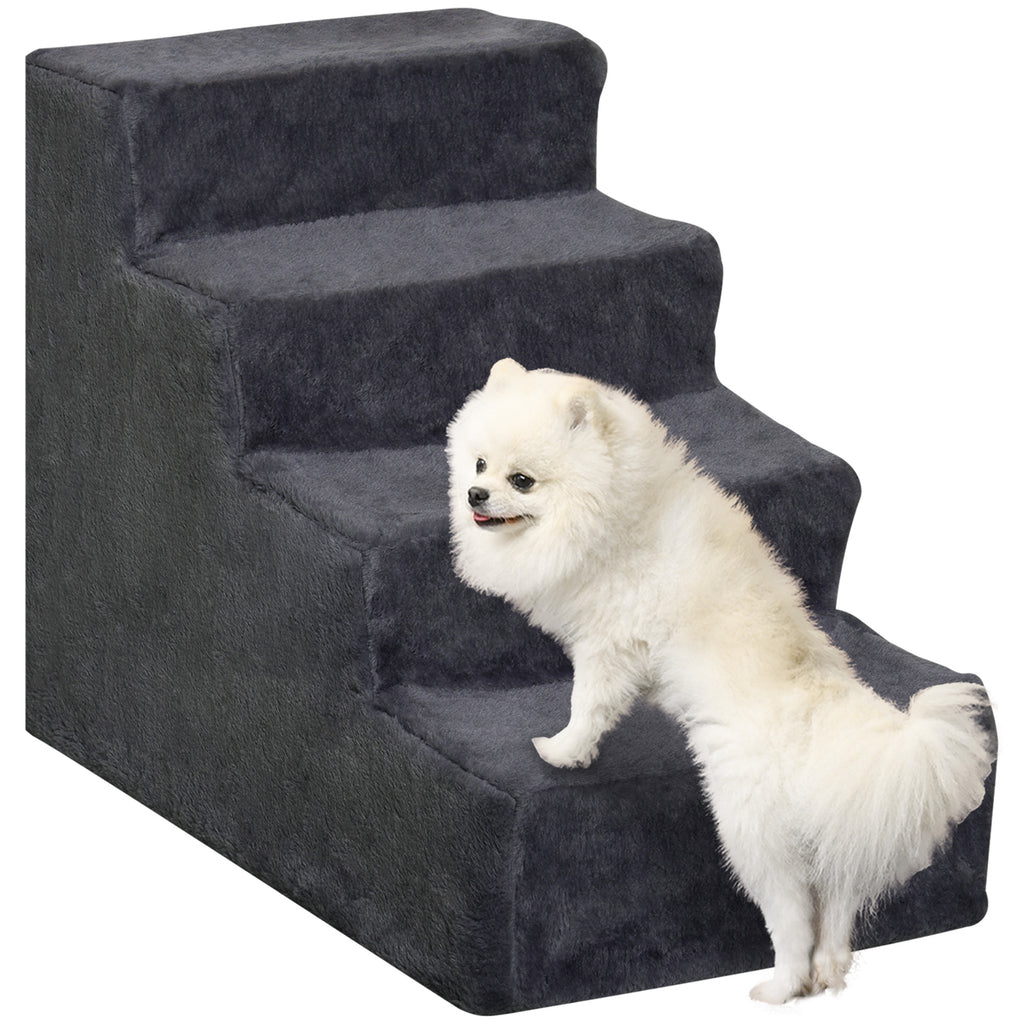 Four-Step Dog Stairs, with Washable Plush Cover, for High Bed Sofa, Dog Stairs for Small Dog and Cat - Dark Grey