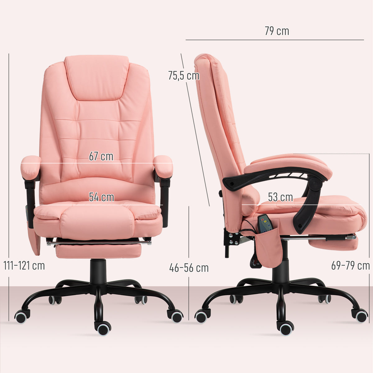 Massage-B¨¹rostuhl, 7 Vibrationspunkte, verstellbare Fu?st¨¹tze & Lehne, bis 120 kg, Lederoptik, Rosa