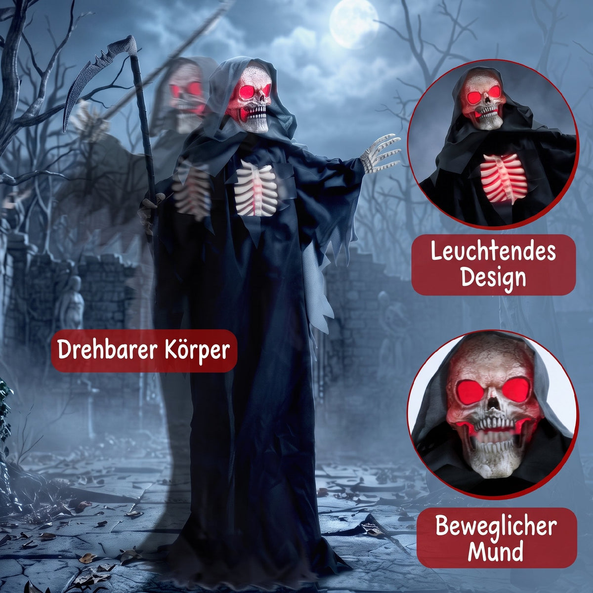 170cm Life Size Animated Grim Reaper Halloween Decoration, Scary Halloween Animatronics Decor with Sound Touch Activated