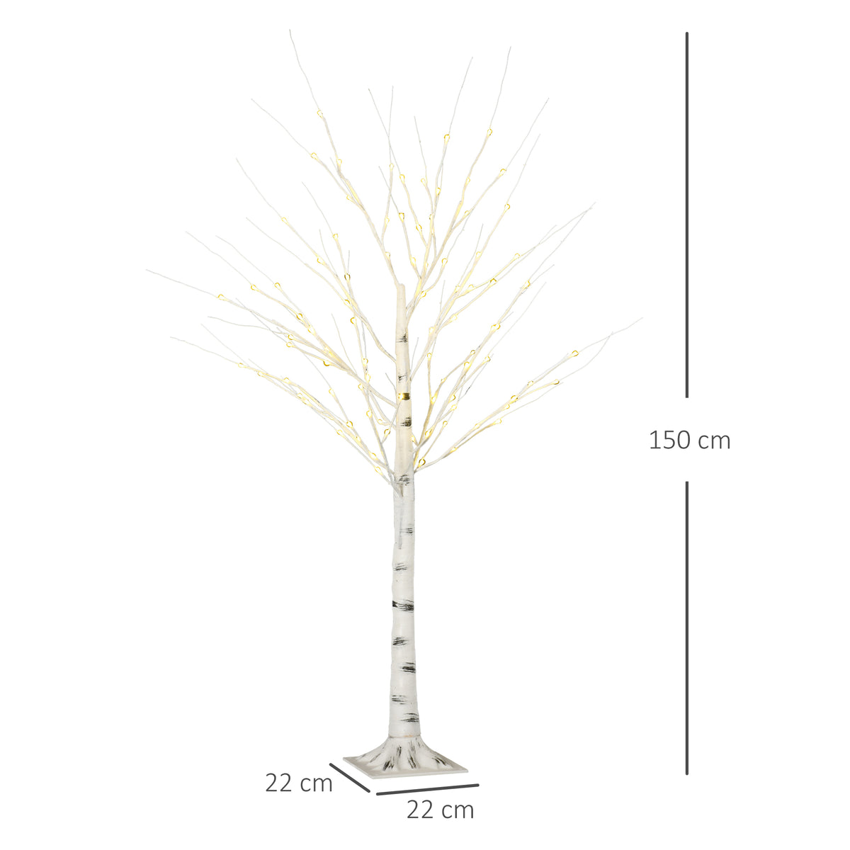 Künstliche Birke mit LEDs, biegsame Äste, Kunststoff und Metall, 150 cm, Weiß
