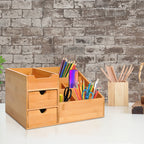 Desk Organiser Holder, Bamboo Multi-Function Storage Caddy with 7 Storage Compartments and 2 Drawers for Home Office Stationary Supplies, Natural Bamboo