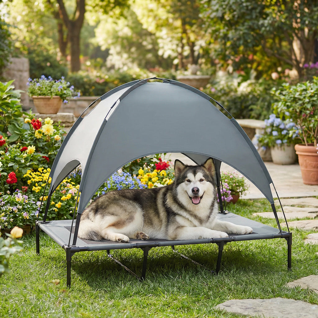 Erhöhtes Hundebett mit Baldachin, Haustierbett, Hundeliege outdoor mit Dach, Atmungsaktiv, Taftstoff für Camping Grau 122 x 92 x 108 cm