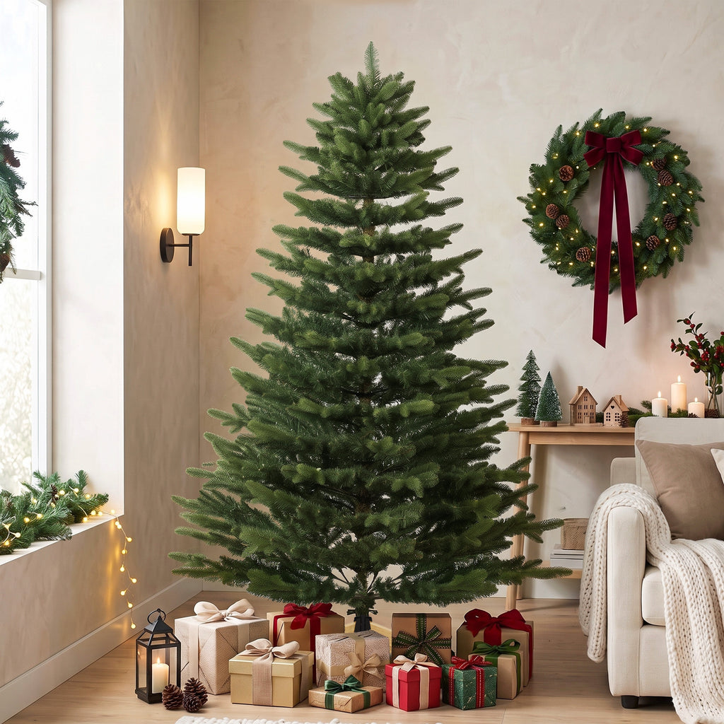 Künstlicher Weihnachtsbaum 180 cm, Fraser-Tanne mit Holzständer, 988 realistische Zweigspitzen für Zuhause und Büro, Grün