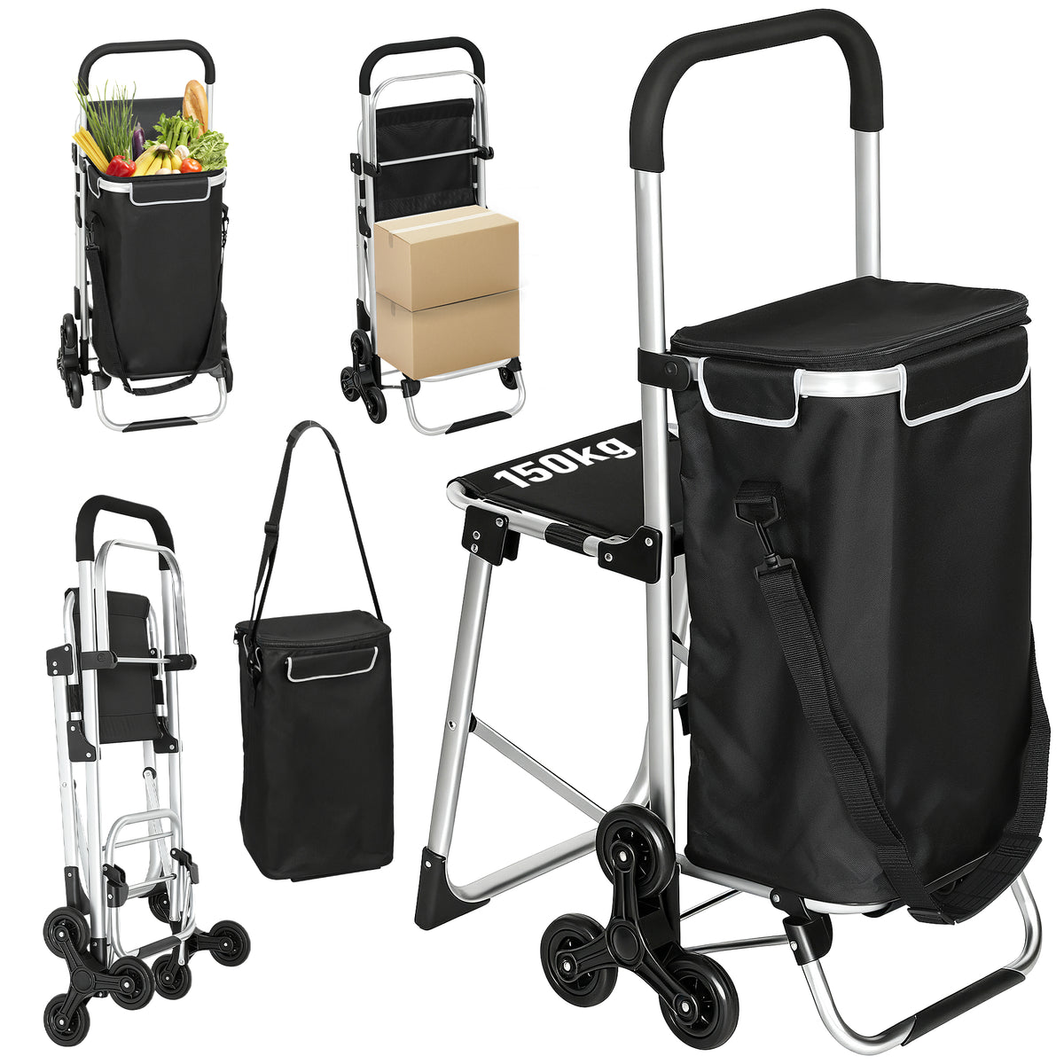 Einkaufstrolley, 40 L Oxford-Tasche, 3-Rad-Design, Aluminiumrahmen, Sitz, Grau