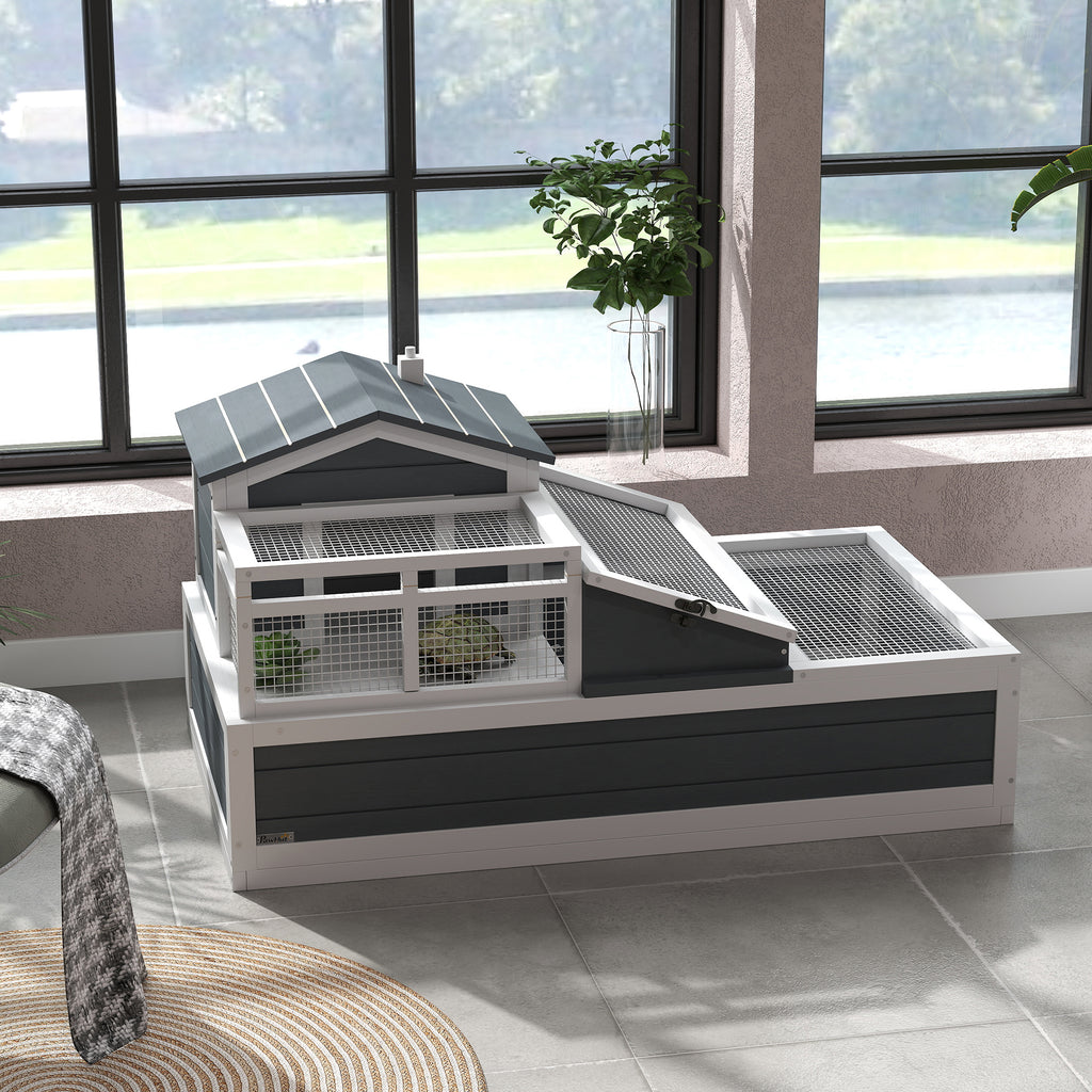 Tortoise House 3-Room with 2 Stories, Ladder, Balcony, Tray, Openable Roof, 59H x 112L x 65Wcm, Grey