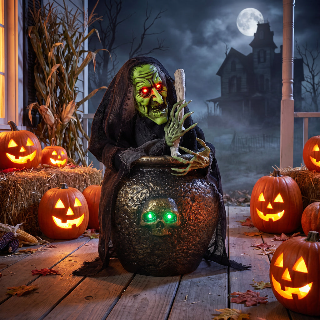 Animierte Halloween-Tischhexe mit Lachsound, leuchtenden Augen und Sound-/Touch-Aktivierung