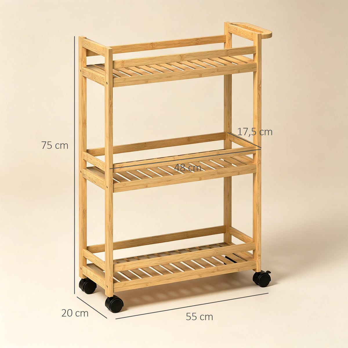Servierwagen, 3 Etagen, Lamellenböden, Herausfallschutz, Bambus, 55 x 20 x 75 cm