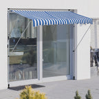 Klemmmarkise mit Handkurbel höhenverstellbar Gelenkarmmarkise schmutzabweisend, witterungsbeständig Balkonmarkise 150cm breit Terrassenmarkise für Terrasse Balkon Veranda Blau+Weiß