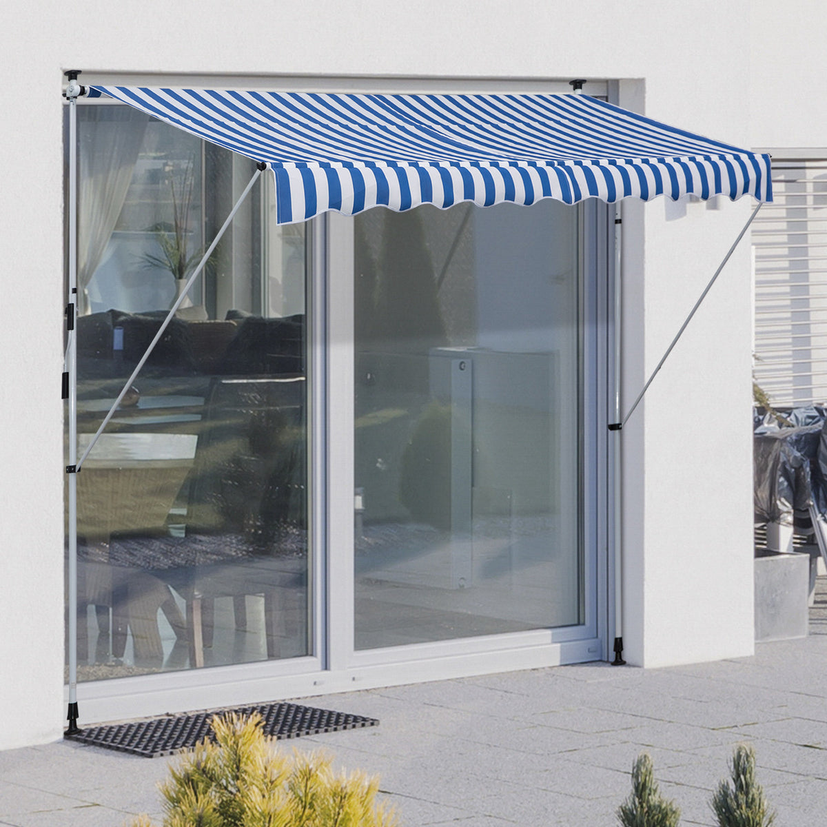Klemmmarkise mit Handkurbel höhenverstellbar Gelenkarmmarkise schmutzabweisend, witterungsbeständig Balkonmarkise 150cm breit Terrassenmarkise für Terrasse Balkon Veranda Blau+Weiß