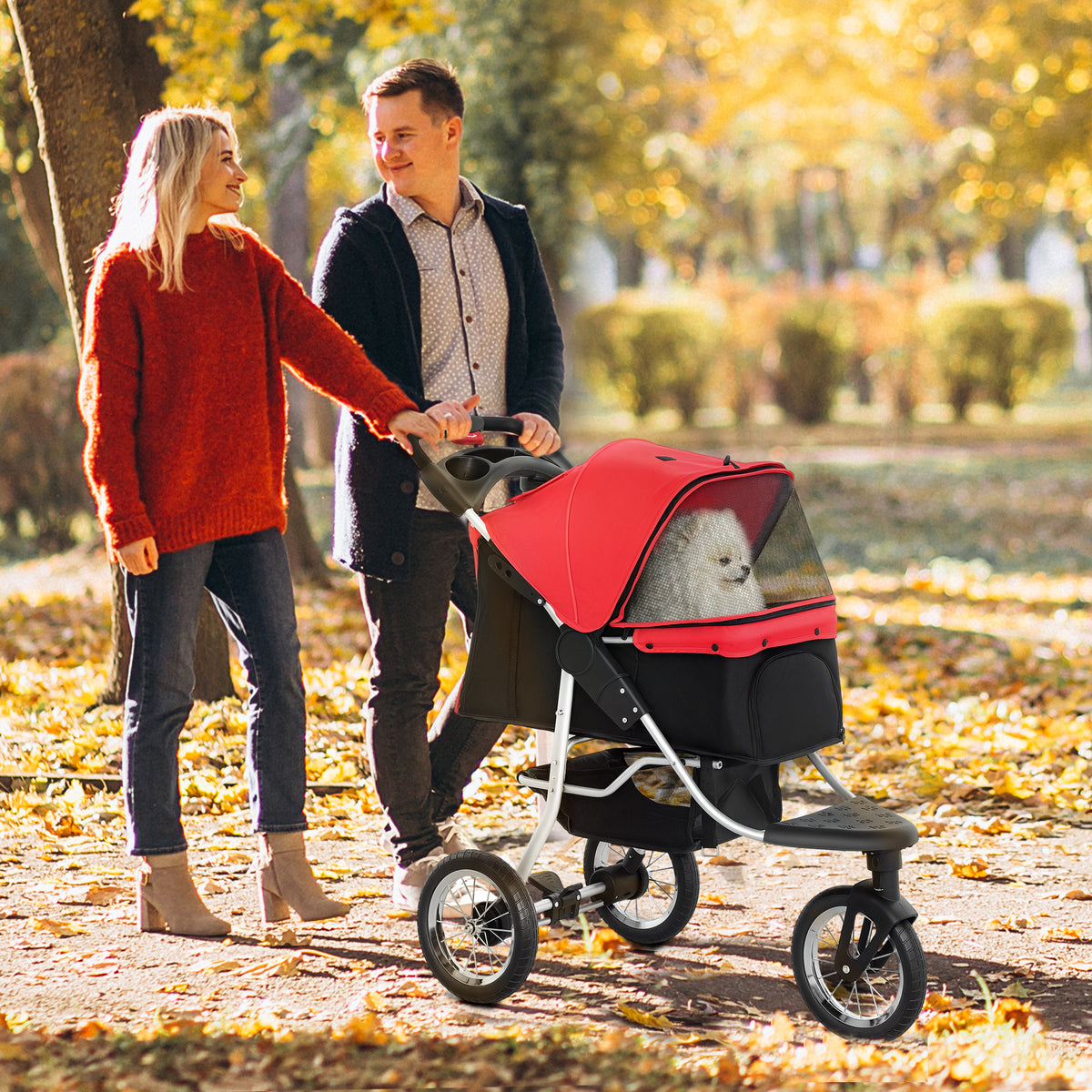 Hundewagen klappbar Hundebuggy für Hunde & Katzen bis 10 kg Katzenbuggy mit Netzfenstern Getränkbehalter Aufbewahrungskorb Katzenwagen Buggy Rot