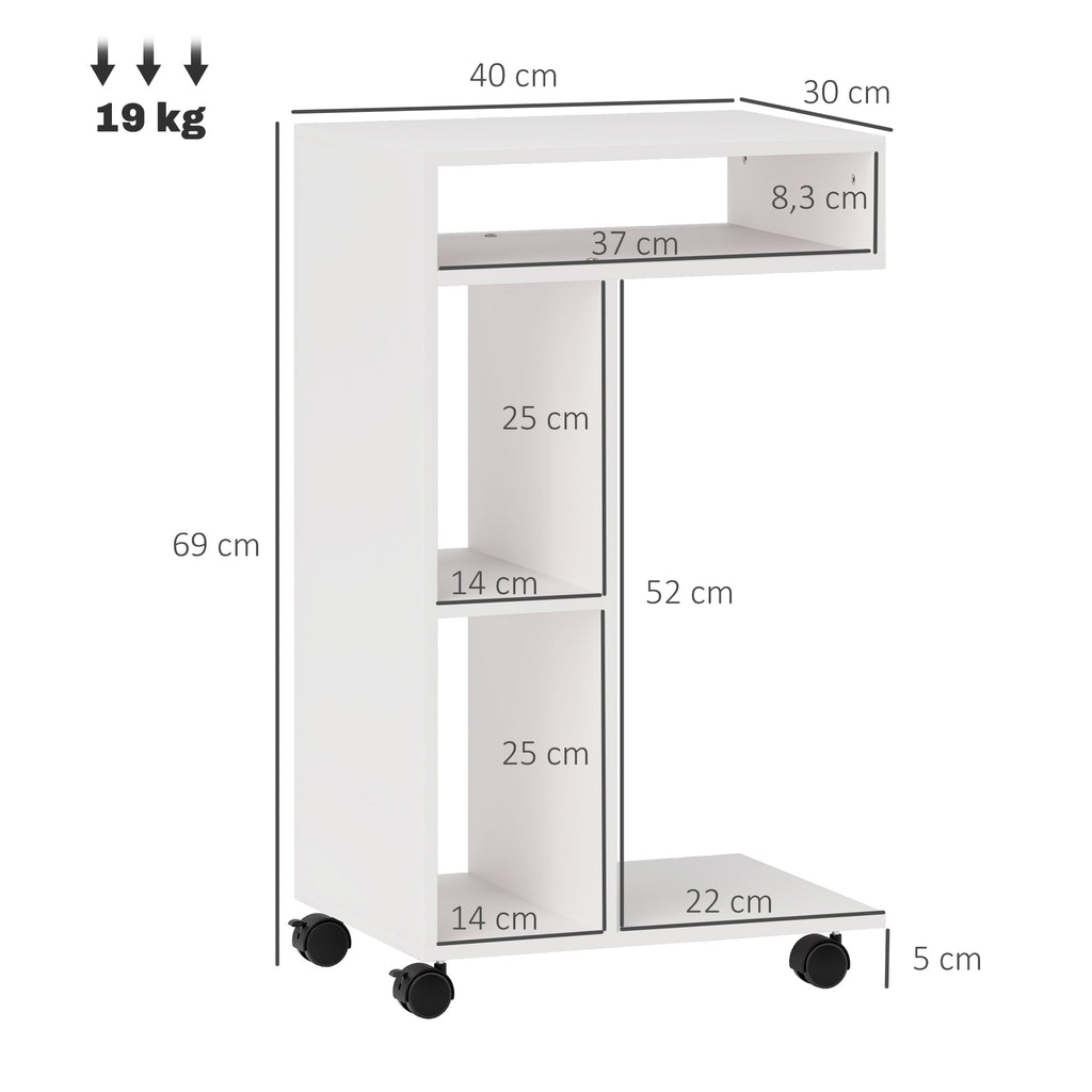 Beistelltisch, C-f?rmiger Servierwagen, 4 Rollen, 3 F?cher, 40 x 30 x 69 cm, Wei?