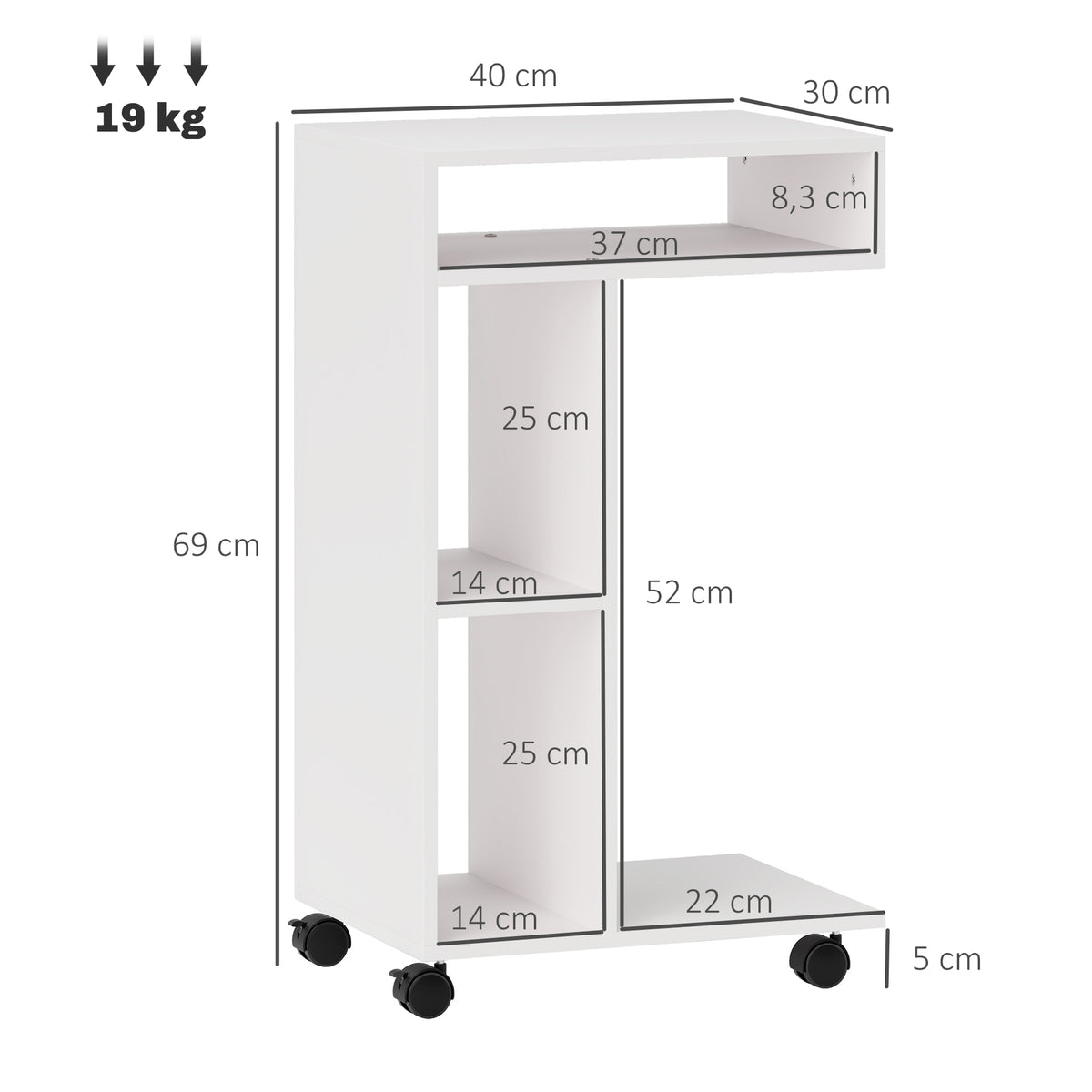 Beistelltisch, C-f?rmiger Servierwagen, 4 Rollen, 3 F?cher, 40 x 30 x 69 cm, Wei?