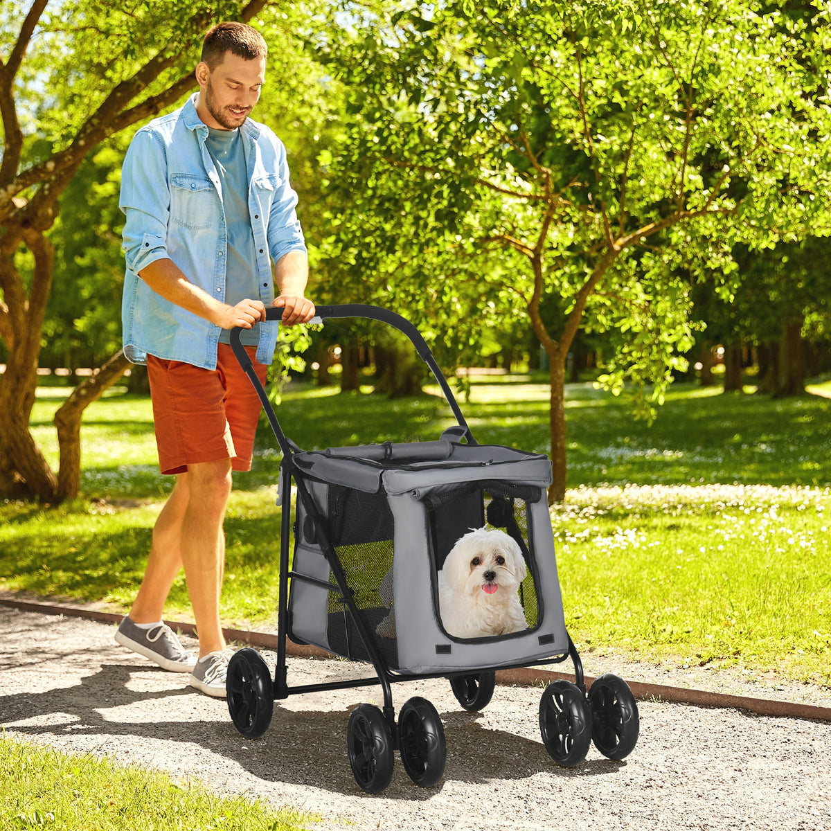 Hundetrolley inkl. Kissen, 3 Seitentaschen, klappbar, Hundewagen, 102 cm x 62 cm x 105 cm, Grau