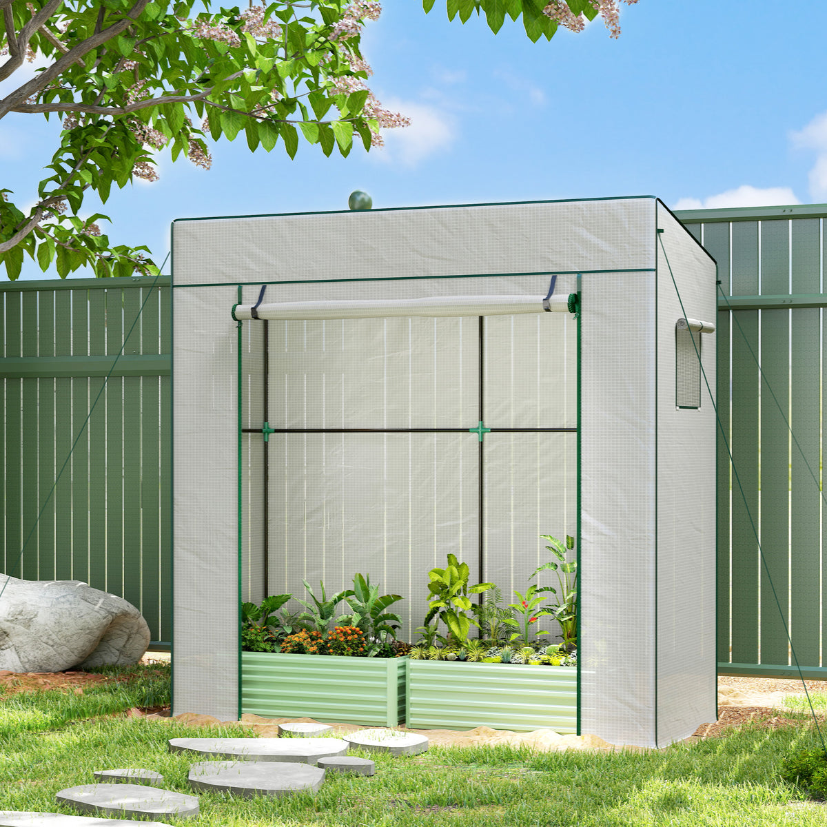 Tomatengewächshaus Rolltor Netzfenster 196 x 77 x 197 cm Weiß