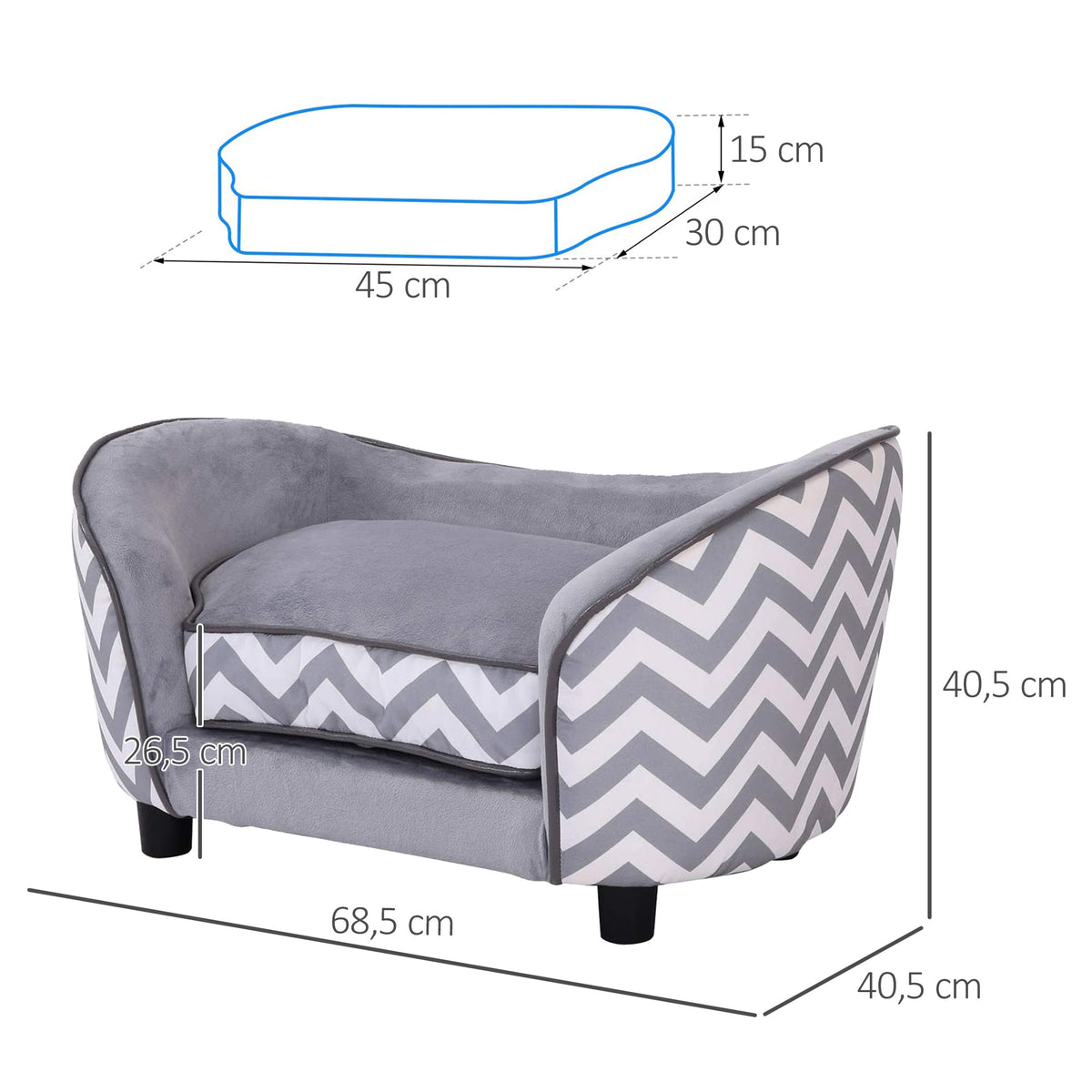  Haustiersofa Hundecouch Hundesofa Hundebett Hundematte Katze Kissen gepolstert Holz Schaumstoff Grau 68,5 x 40,5 x 40,5 cm