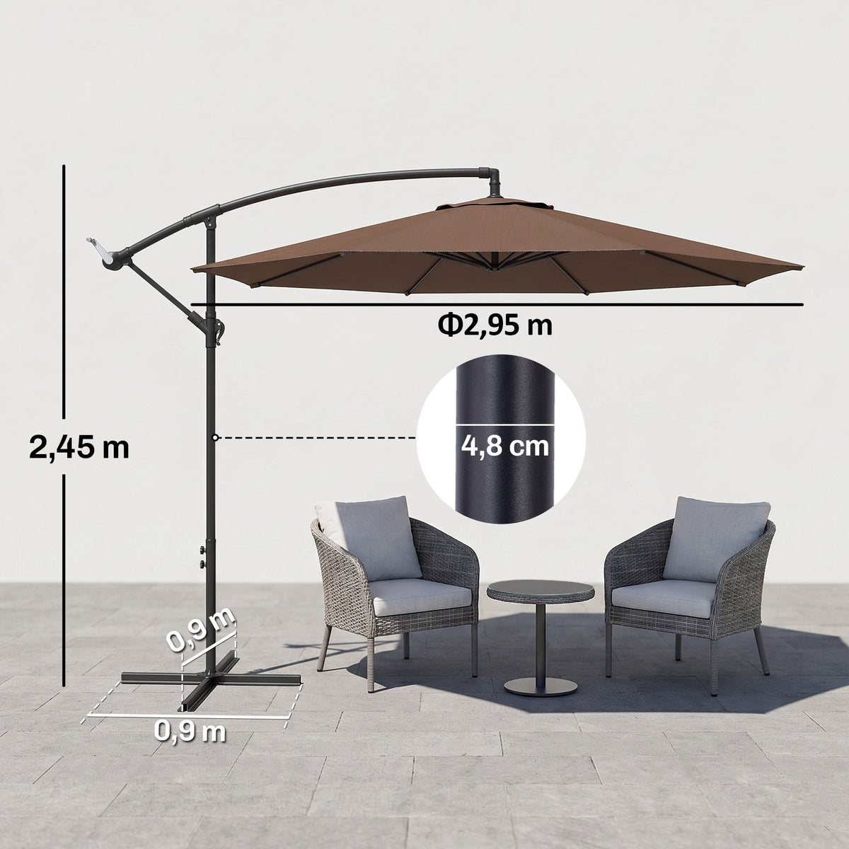 2.45m Overhanging Cantilever Parasol, with Cross Base - Brown
