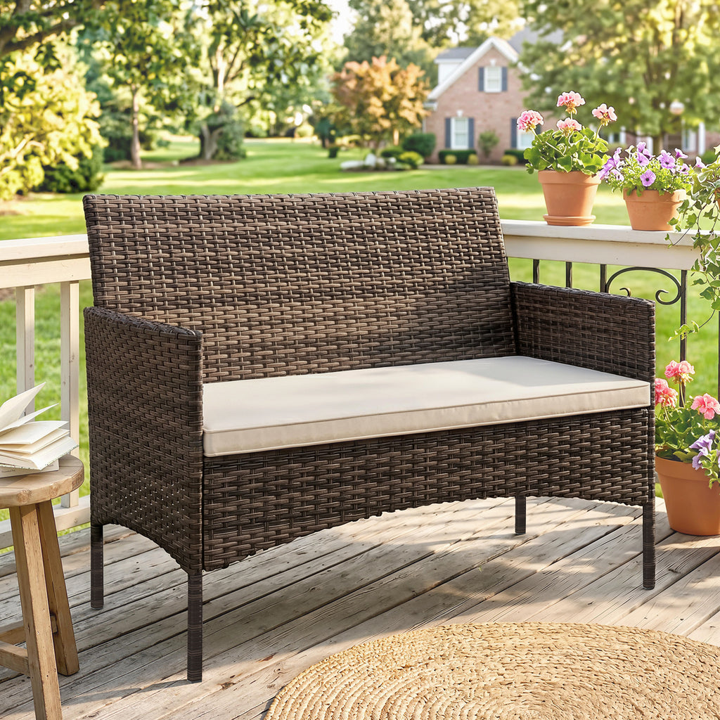 2-Sitzer Rattan Gartensofa PE-Rattan Outdoor-Terrassen-Sofa mit Polster, Anti-Rutsch-Matten, Stahlrahmen, Khaki