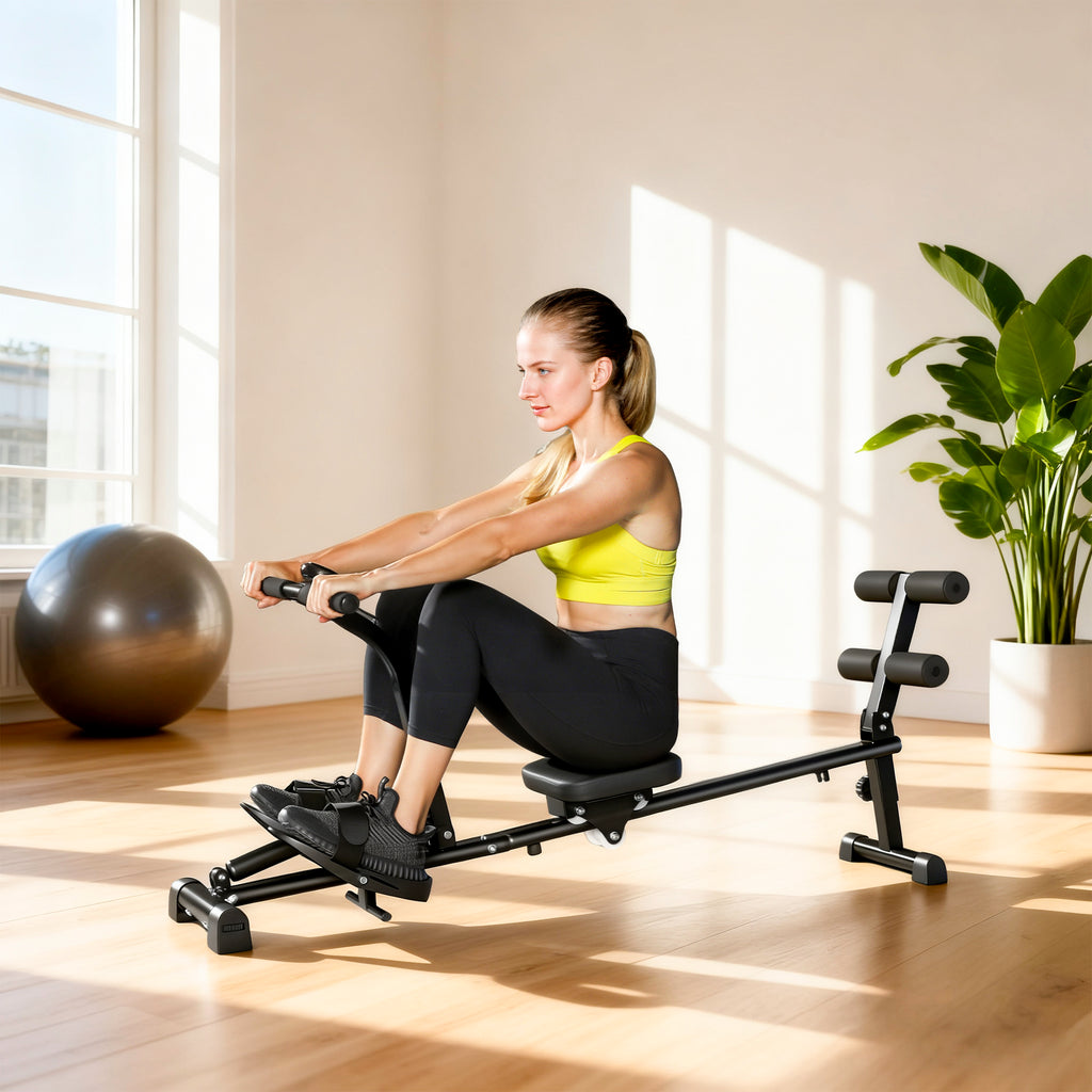 Rudermaschine, Ruderger?t f¨¹r Situps, 12-stufig verstellbar, 2-in-1 Kardioger?t, LCD-Anzeige, Stahl, Kunststoff, Schwarz