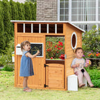 Kinderspielhaus aus Naturholz, mit Briefkasten und Blumenkasten, Natur