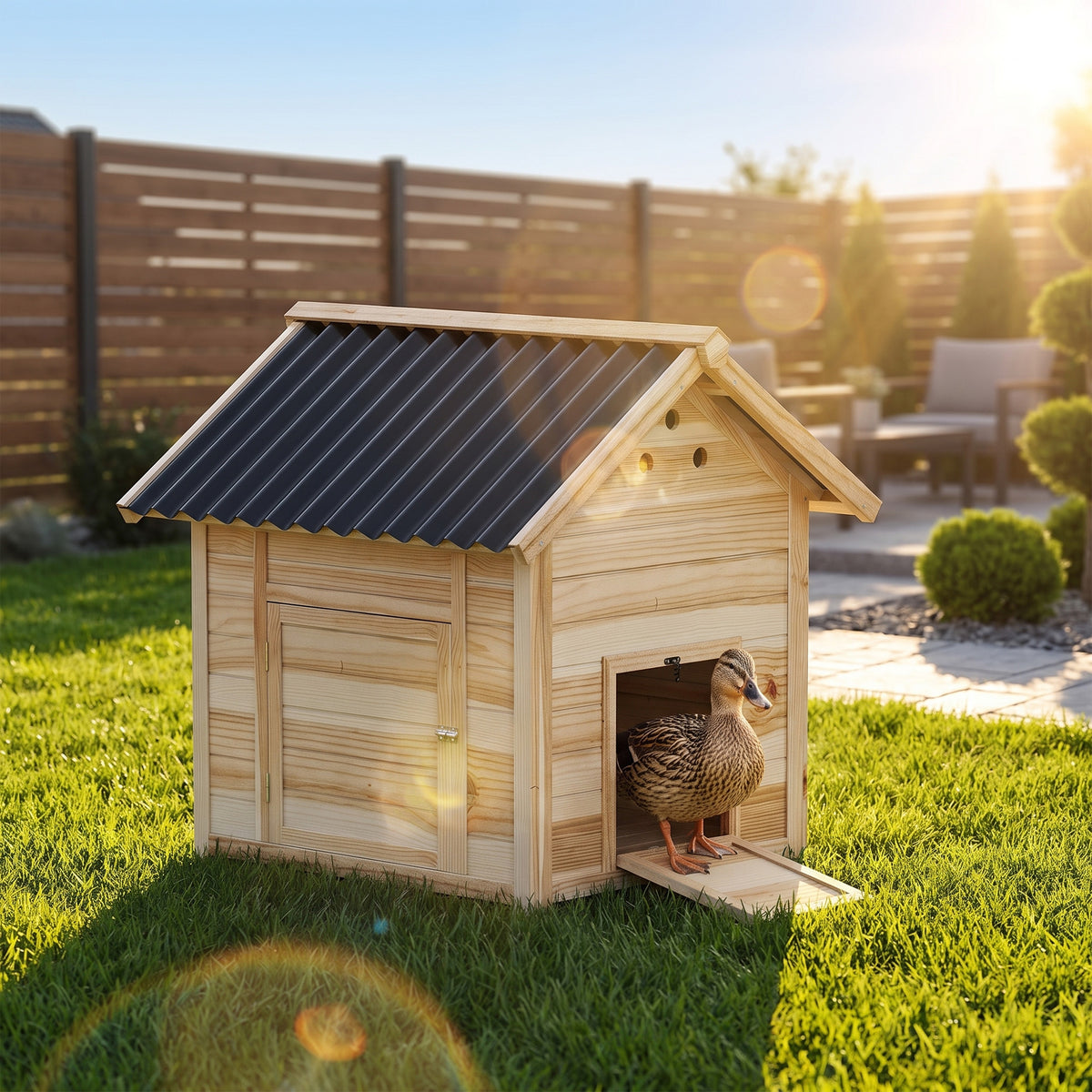 Wooden Duck House with Double Doors, Openable Roof, Ventilation Holes, Removable Base, Natural Wood Finish