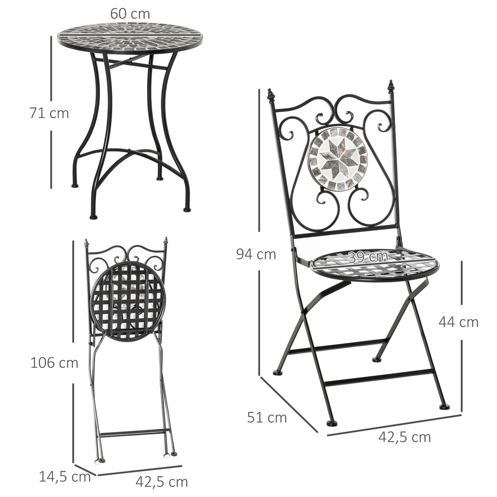 Garten Sitzgruppe für 2 Personen Balkonmöbel Set Mosaiktisch+faltbare Stühle Metall Keramikfliese Mehrfarbig