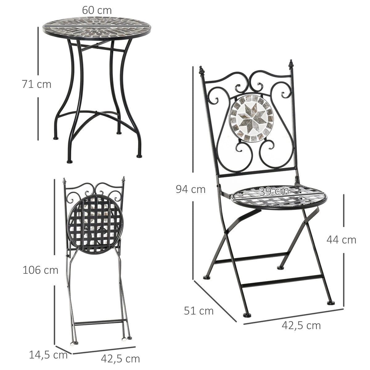 Garten Sitzgruppe für 2 Personen Balkonmöbel Set Mosaiktisch+faltbare Stühle Metall Keramikfliese Mehrfarbig