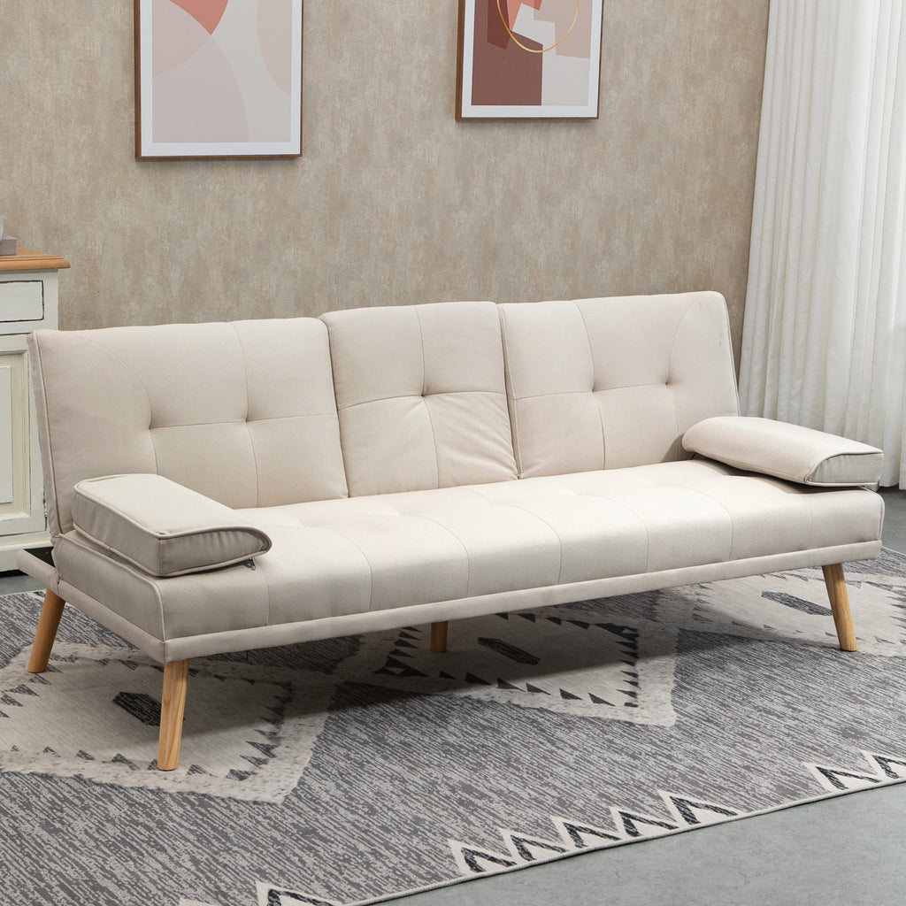 Schlafsofa 3-Sitzer, neigbare R¨¹ckenlehne mit Klapptisch, zwei Armpolster, Leinenoptik, beige, 181 x 77 x 78 cm